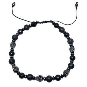 Bransoletka pleciona turmalin/ lawa wulkaniczna/ hematyt (czaszki)